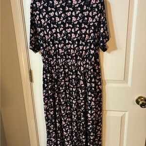 Navy blue midi dress with pink and white flowers